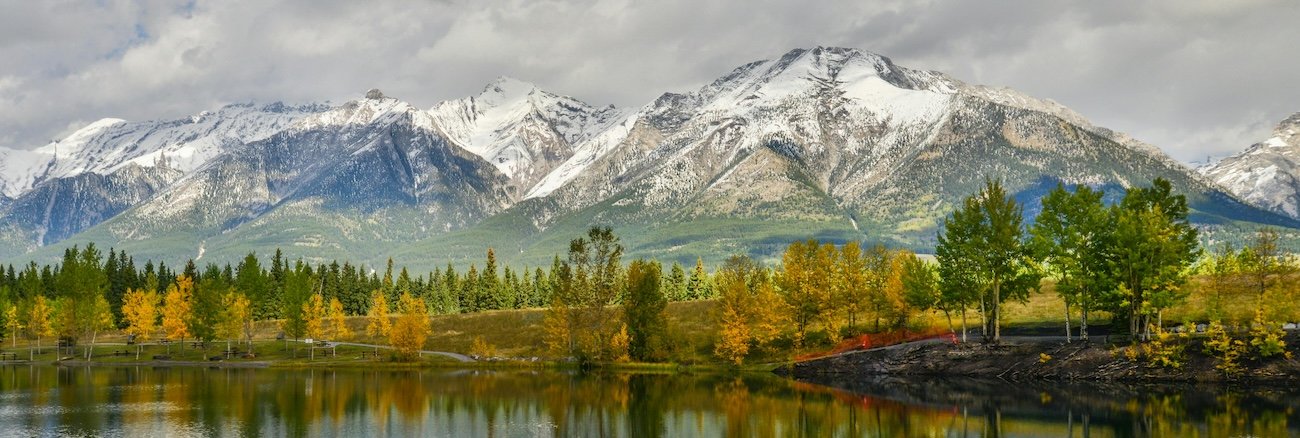 View of the Three Sisters mountain peaks above Canmore, Alberta on a clear day