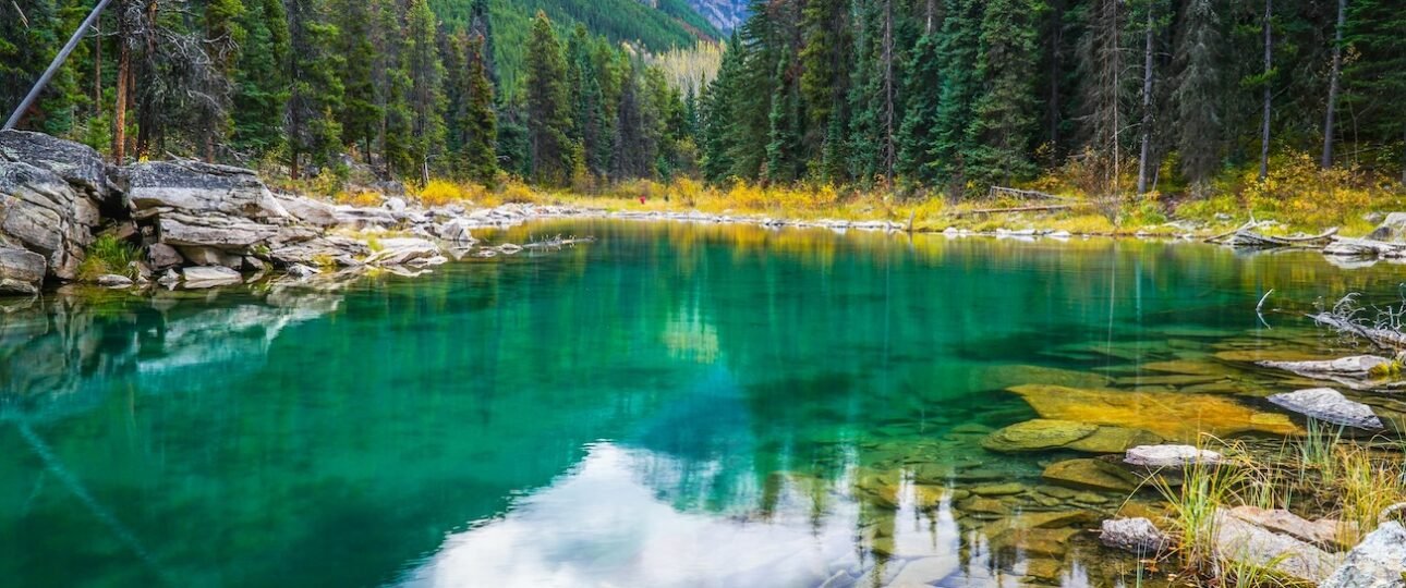 Banff town shuttle bus with the Rocky Mountains in the background, Alberta Canada