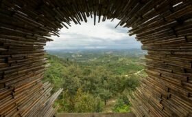 The vivid turquoise waters of Moraine Lake and the Valley of the Ten Peaks viewed from the Rockpile, Banff National Park, Alberta, Canada