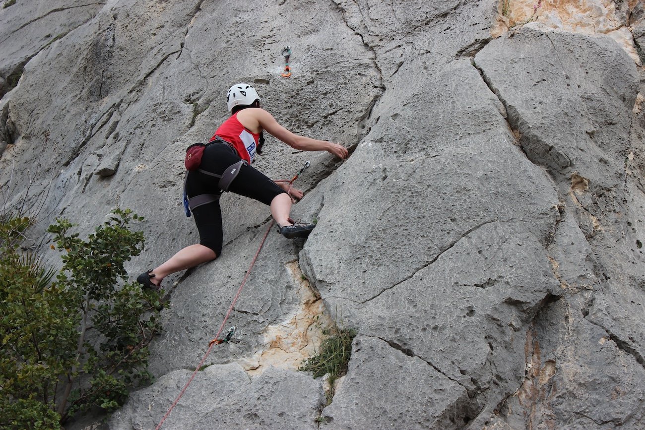 Beginners top-rope climbing on the easy limestone slabs at Morro Slabs Jasper