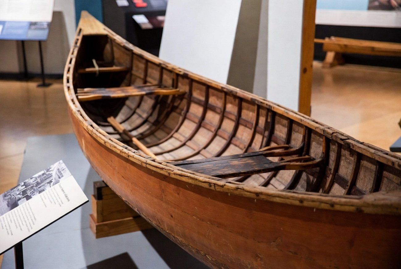 Curly Phillips canoe on display at the Jasper Yellowhead Museum