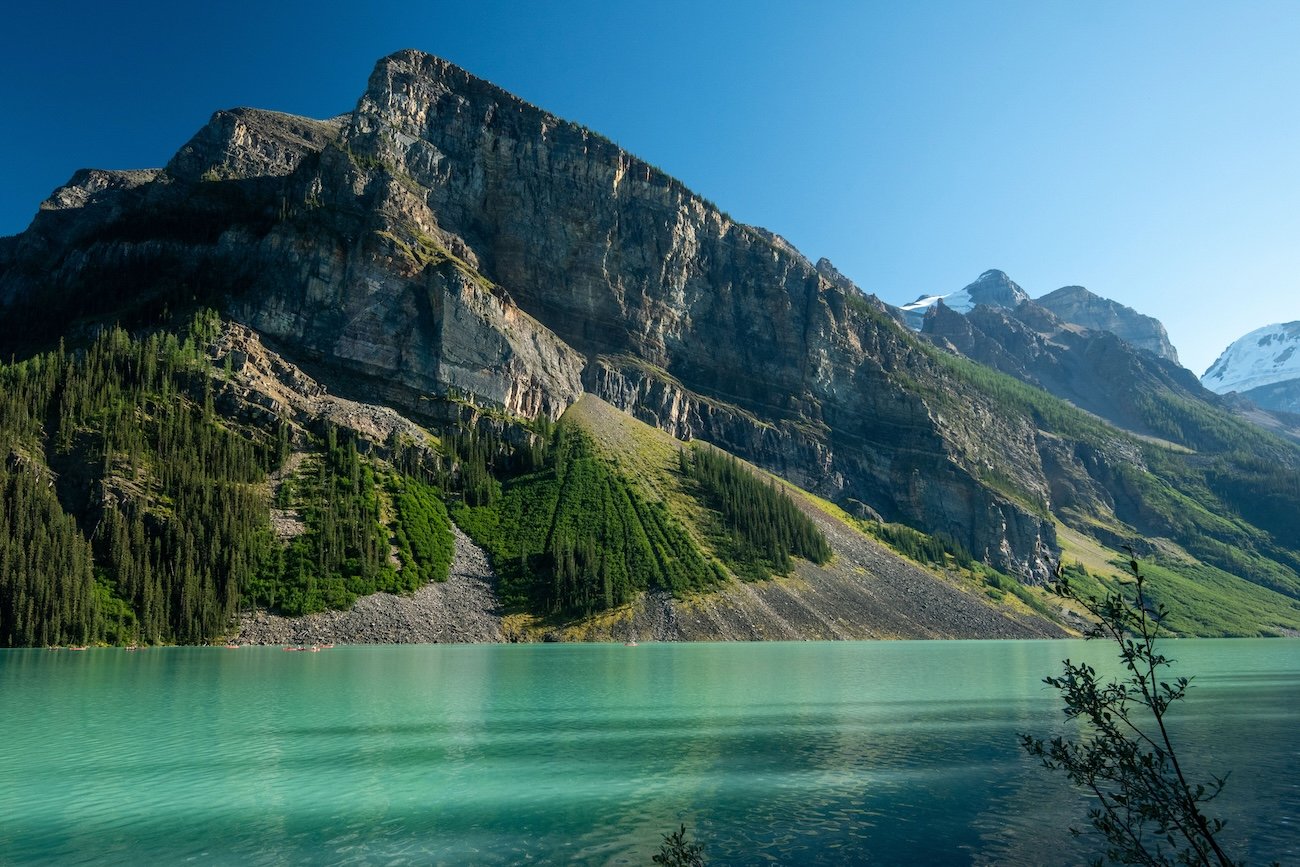 Lake Louise shoreline and Victoria Glacier on a Banff 3 day itinerary