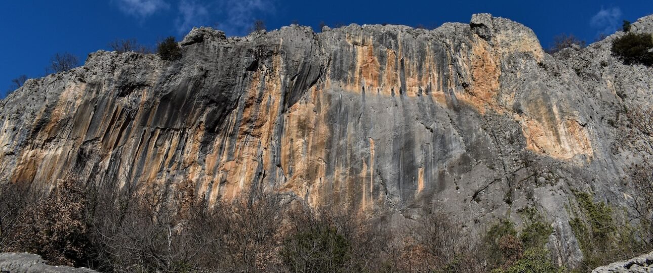 Morro Slabs limestone climbing area beside the Athabasca River in Jasper National Park