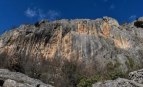 Morro Slabs limestone climbing area beside the Athabasca River in Jasper National Park