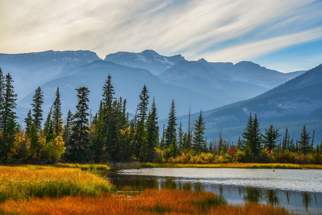 View of Wabasso Lake with mountain backdrop in Jasper National Park