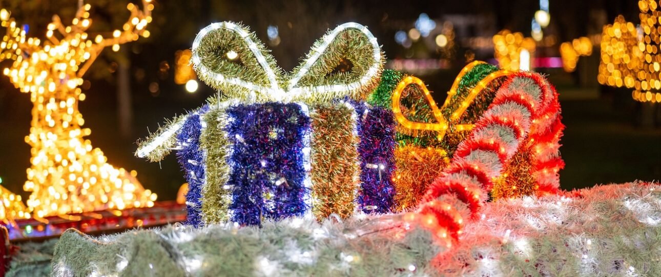 Airdrie Festival of Lights 2026 at Nose Creek Park with colourful Christmas light displays