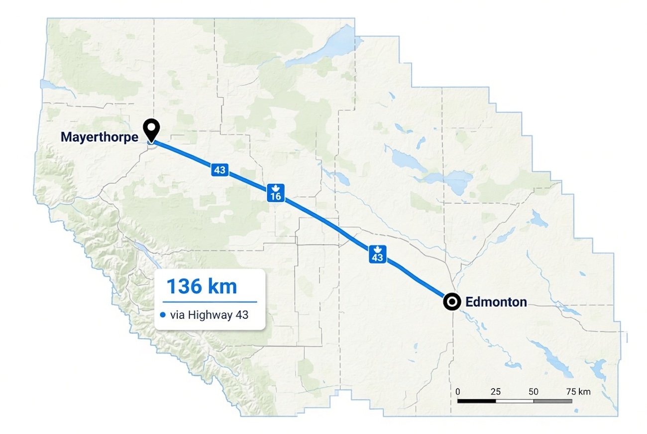 Edmonton to Mayerthorpe distance map showing 136 km route via Highway 43