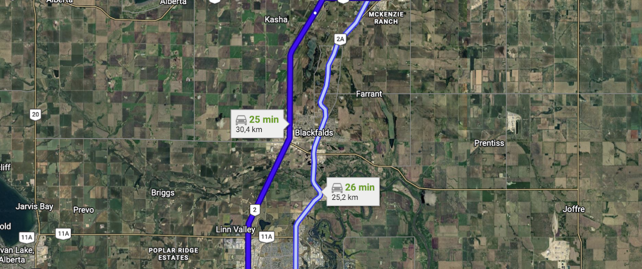 Map showing the driving distance from Lacombe to Red Deer Alberta via Highway 2 and 2A