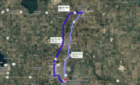 Map showing the driving distance from Lacombe to Red Deer Alberta via Highway 2 and 2A