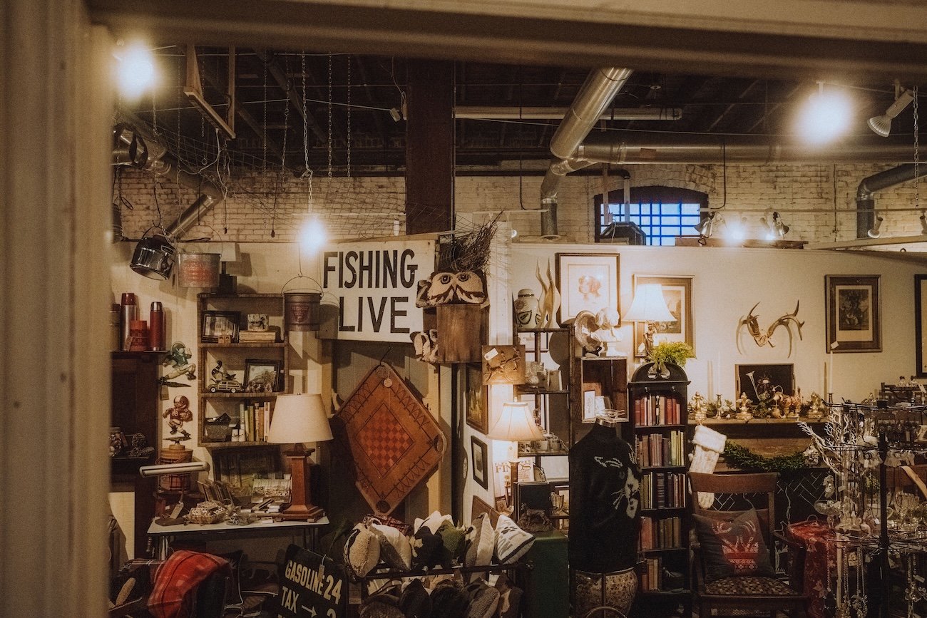 Inside Old Strathcona Antique Mall showing multiple vendor booths