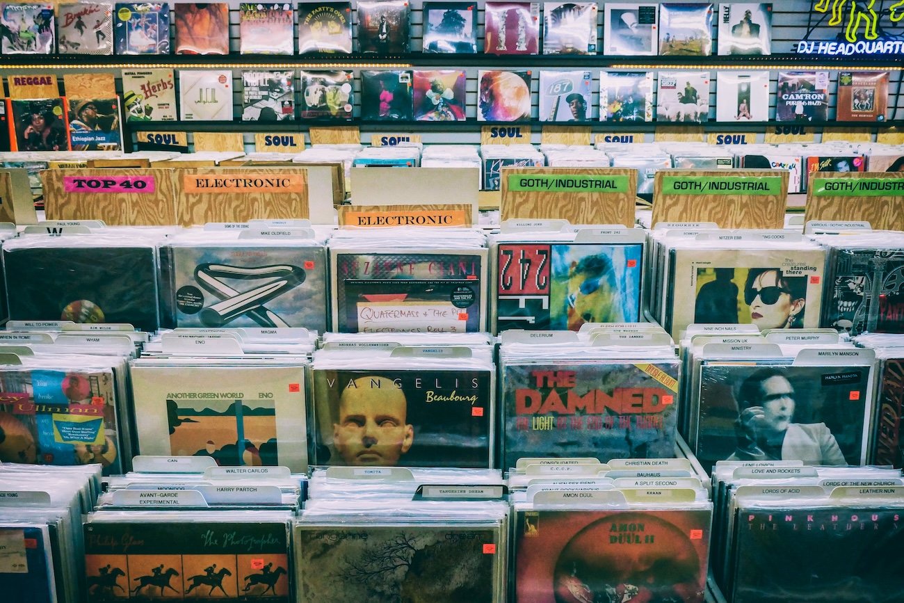 Vinyl records and music section at Queen Mary’s Market flea market Edmonton