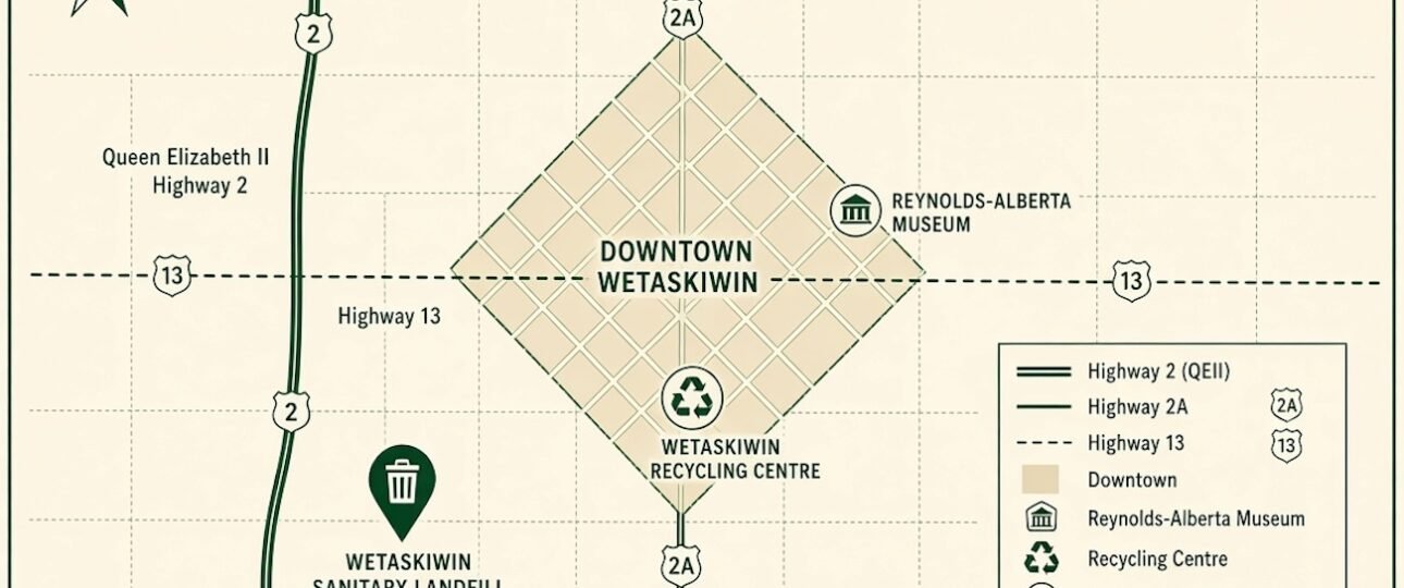 Map of Wetaskiwin showing the sanitary landfill on Range Road 243 west of Highway 2A and Highway 13