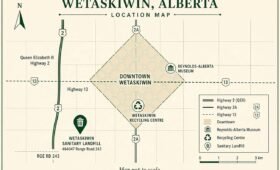 Map of Wetaskiwin showing the sanitary landfill on Range Road 243 west of Highway 2A and Highway 13