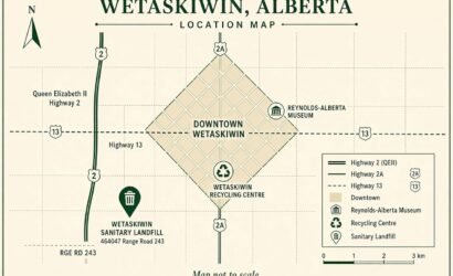 Map of Wetaskiwin showing the sanitary landfill on Range Road 243 west of Highway 2A and Highway 13