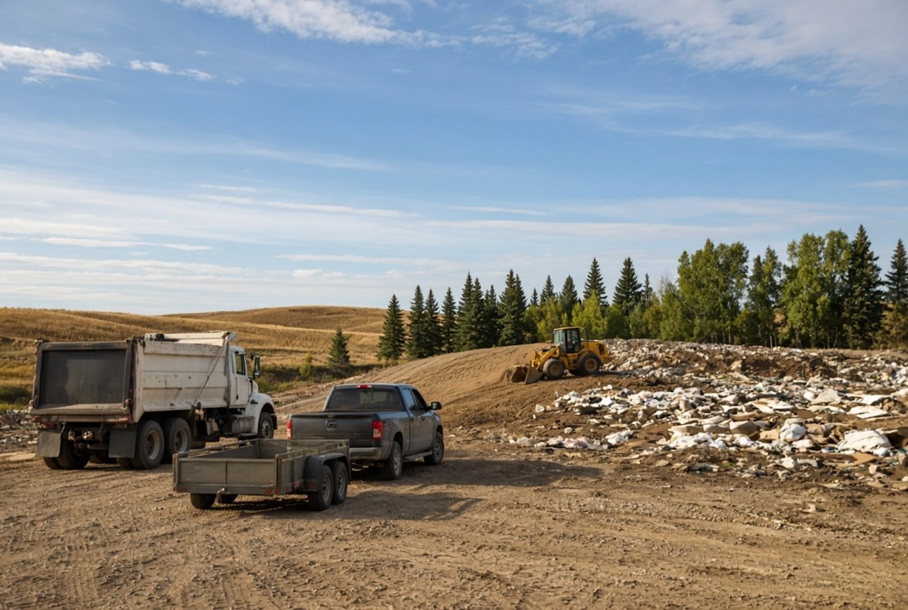 Trucks unloading at the working face of the Wetaskiwin city landfill